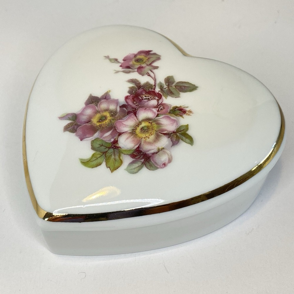 Vintage Heart Trinket Box Pink Flowers West Germany Gerold Porzellan
